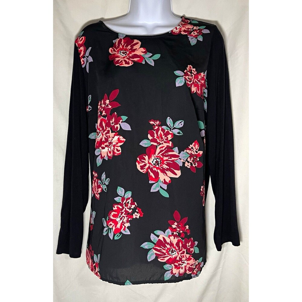 Market & Spruce Women’s Plus Blouse 1X Black Floral Knit Round Neck WPW10331